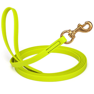 Safety Yellow leash for dogs with brass snap hook, 5/8 inch wide, 15 feet long, made from waterproof Biothane