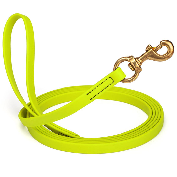 Safety Yellow leash for dogs with brass snap hook, 5/8 inch wide, 15 feet long, made from waterproof Biothane