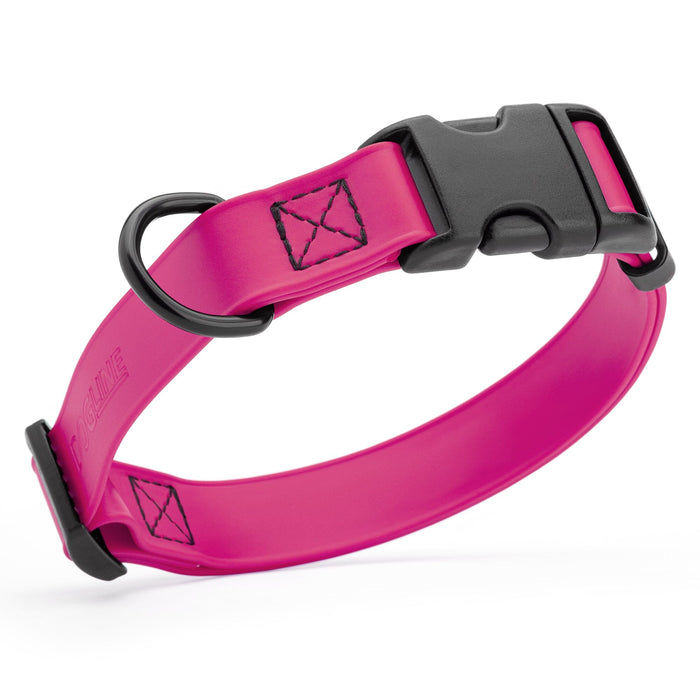 Magenta Pink dog collar with black quick release buckle and metal D-ring, adjustable, 5/8 inches wide, made from waterproof Biothane