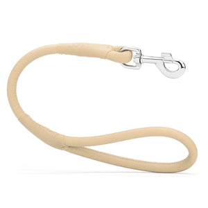 Beige leather traffic lead with metal swivel clip, rolled design