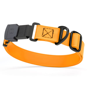 Tangerine orange dog collar with black Herm Sprenger buckle and metal D-ring, adjustable, made from waterproof and odor resistant Biothane