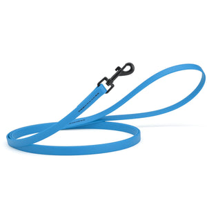 Cerulean blue dog leash with black swivel clip, made from waterproof Biothane, 6 feet long, 1/2 inches wide