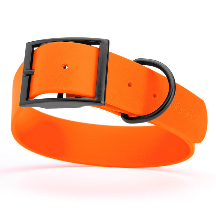 Hunter Orange dog collar with black buckle, made from waterproof biothane, 1.5 inches wide, 20 to 24 inches long, fits large dogs