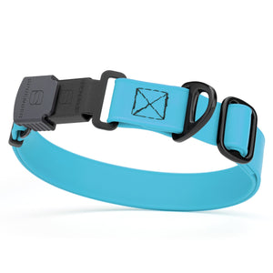 Sky blue dog collar with black Herm Sprenger buckle and metal D-ring, adjustable, made from waterproof and odor resistant Biothane