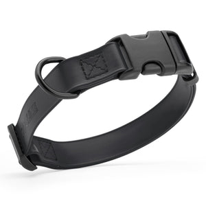 Black dog collar with black quick release buckle and metal D-ring, adjustable, 5/8 inches wide, made from waterproof Biothane