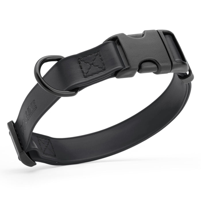 Black dog collar with black quick release buckle and metal D-ring, adjustable, 5/8 inches wide, made from waterproof Biothane