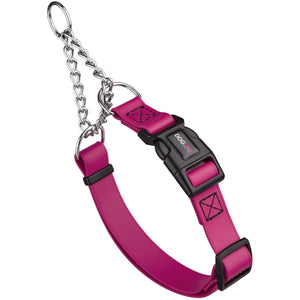 Magenta pink martingale dog collar with black quick release buckle, made from waterproof Biothane