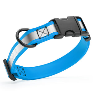Blue reflective dog collar with black quick release buckle and D-ring, adjustable, made from waterproof Biothane, 3/4 inches wide