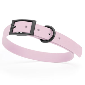 Pastel Purple waterproof dog collar with black metal buckle and D-ring, made from BioThane, fits medium dogs