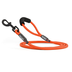 Orange nylon dog leash with black snap hook and padded neoprene handle, round rope design, 6 ft long
