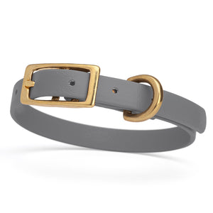 Waterproof collar for small dogs, made from Biothane with brass hardware, width 1/2 inch, Battleship Gray
