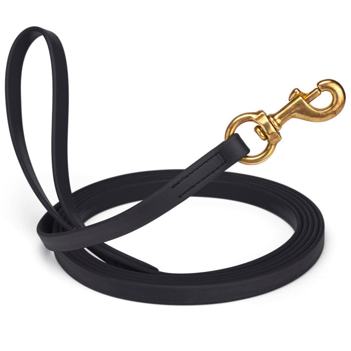 Black Biothane dog leash with brass swivel snap hook, 5/8 inch wide, 33 feet long