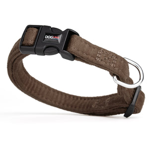Brown dog collar with quick release buckle and metal ring, made from soft microfiber, 5/8 inches wide