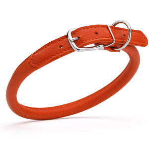 Orange leather dog collar with metal hardware, 1/2 inches wide