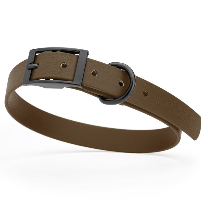Dark Chocolate Brown waterproof dog collar with black metal buckle and D-ring, made from BioThane, fits medium dogs