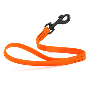 Hunter Orange traffic lead for dogs with black snap hook, 2 ft long, made from durable Biothane