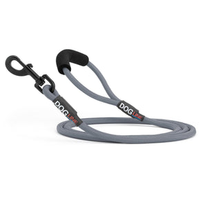 Gray nylon dog leash with black snap hook and padded neoprene handle, round rope design, 6 ft long