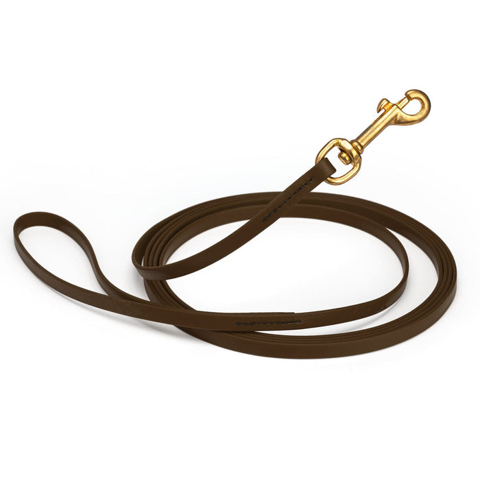 Dark Chocolate Brown Biothane dog leash with brass swivel snap hook, 3/8 inch wide, 33 feet long