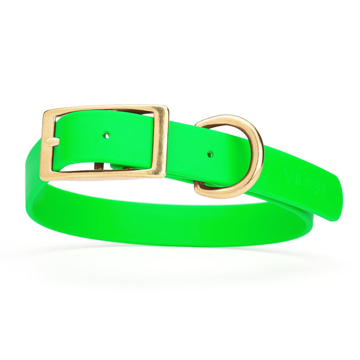 Tropical Green dog collar with brass hardware, made from waterproof Biothane, 1-inch wide, fits large dogs