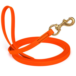 Hunter Orange waterproof dog leash, 20 ft long, 5/8 in wide, made from Biothane with brass hardware