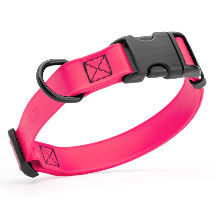 Passionfruit Pink dog collar with black quick release buckle and metal D-ring, adjustable, 5/8 inches wide, made from waterproof Biothane