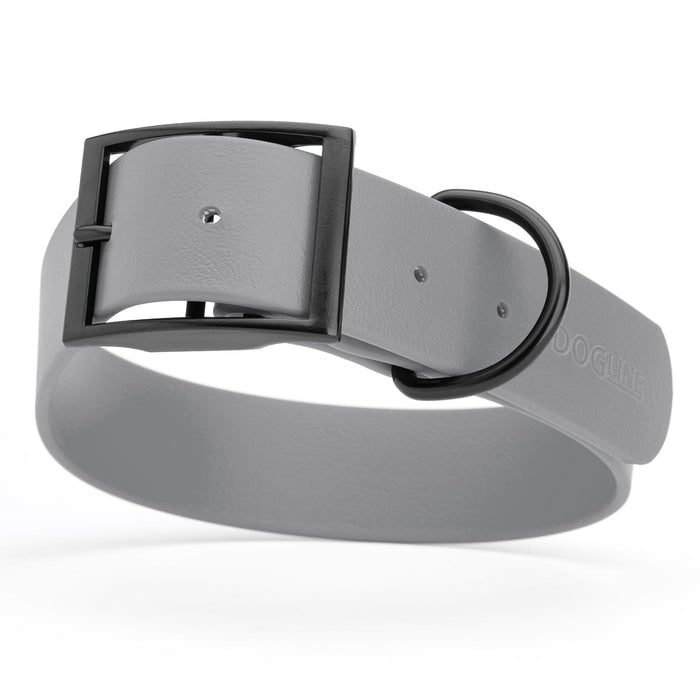 Battleship Gray dog collar with black buckle, made from waterproof biothane, 1.5 inches wide, 24 to 28 inches long, fits large dogs