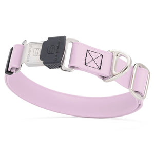 Pastel Purple dog collar with silver Herm Sprenger buckle and metal D-ring, made from waterproof and odor resistant Biothane