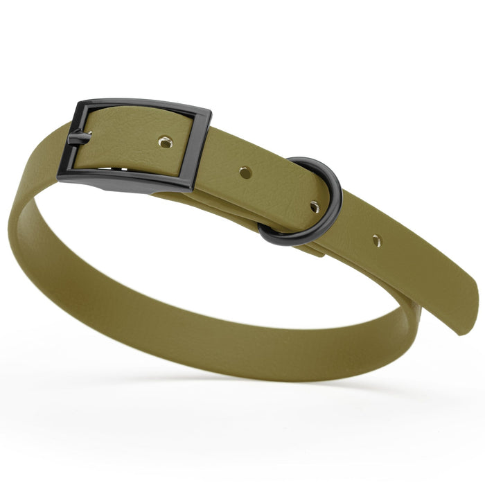 Olive Drab Green Biothane dog collar with black metal buckle and D-ring, width 5/8 inches, fits small dogs 