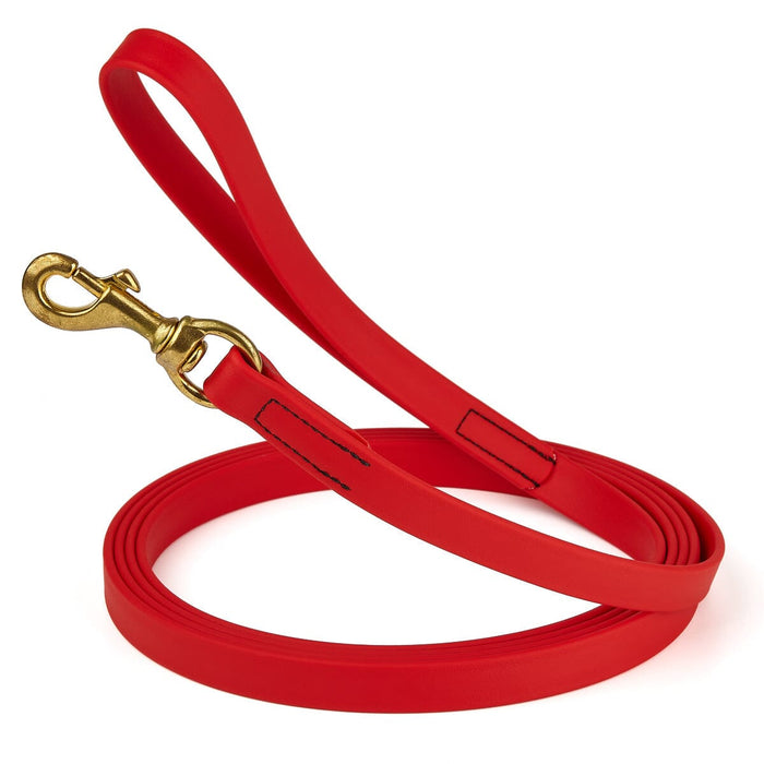 Waterproof Cherry Red dog leash with brass clip, made from BioThane, 3/4 inch wide, 33 feet long