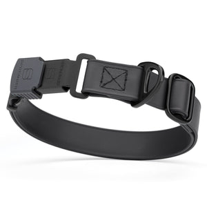 Black dog collar with black Herm Sprenger buckle and metal D-ring, adjustable, made from waterproof and odor resistant Biothane