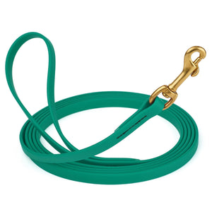 15 ft Teal dog leash with brass clip, made from waterproof Biothane, width 1/2 inch