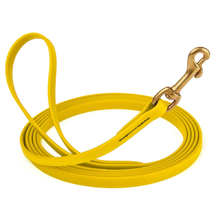 Waterproof Lemon Yellow dog collar with brass clip, made from BioThane, length 10 feet, width 1/2 inch