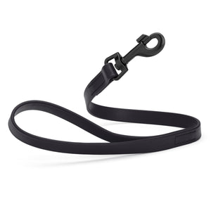 Black traffic lead for dogs with black snap hook, 2 ft long, made from durable Biothane