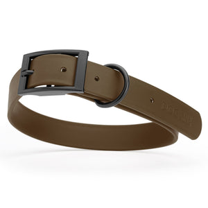 Waterproof Dark Chocolate Brown dog collar with black metal buckle and D-ring, made from Biothane, width: 1 inch, large