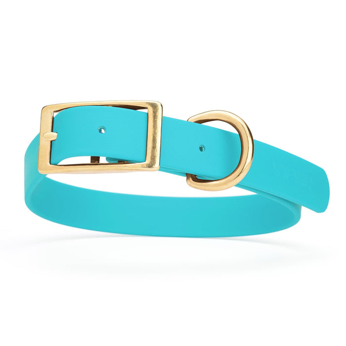Sky Blue dog collar with brass hardware, made from waterproof Biothane, 1-inch wide, fits large dogs