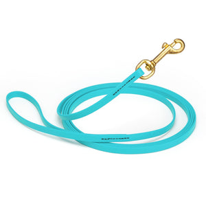 Sky Blue waterproof dog collar with brass hardware, 3/8 inch width, 15 feet length, made from Biothane