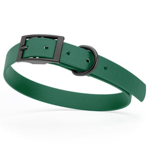 Hunter Green waterproof dog collar with black metal buckle and D-ring, made from BioThane, fits medium dogs