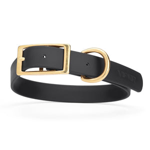 Black dog collar with brass buckle and D-ring, made from waterproof Biothane, 1-inch wide, fits medium and large dogs