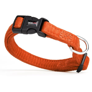 Orange dog collar with quick release buckle and metal ring, made from soft microfiber, 5/8 inches wide
