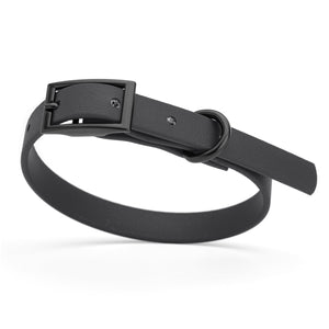 Black dog collar with black hardware, made from waterproof biothane, 9 to 12 inches long