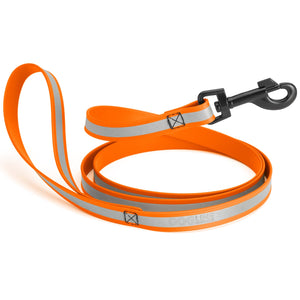 Orange reflective dog leash with metal clip, made from waterproof Biothane