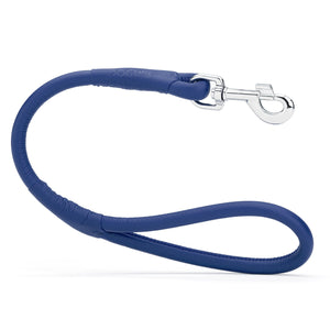 Blue leather traffic lead with metal swivel clip, rolled design