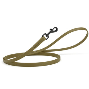 Olive drab green dog leash with black swivel clip, made from waterproof Biothane, 6 feet long, 1/2 inches wide