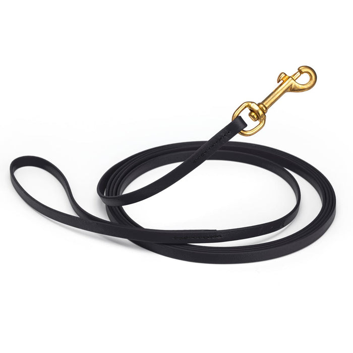 Black waterproof dog collar with brass hardware, 3/8 inch width, 15 feet length, made from Biothane