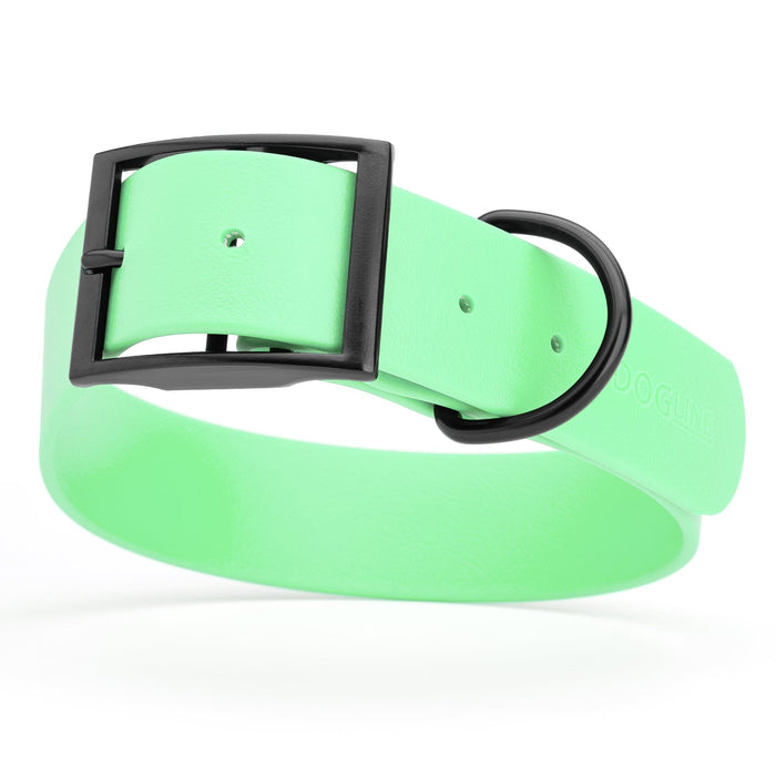Sea Foam Green dog collar with black buckle, made from waterproof biothane, 1.5 inches wide, 16 to 20 inches long, fits large dogs