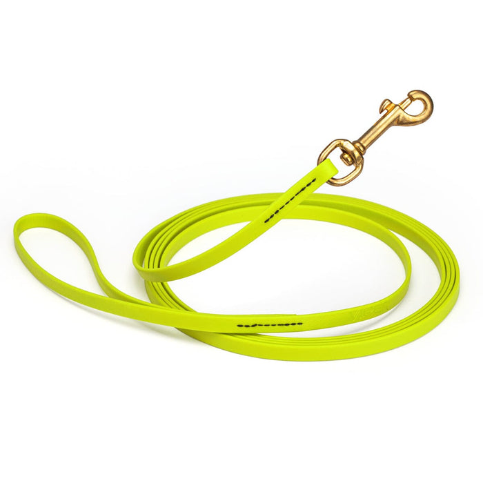 Safety Yellow waterproof dog collar with brass hardware, 3/8 inch width, 15 feet length, made from Biothane