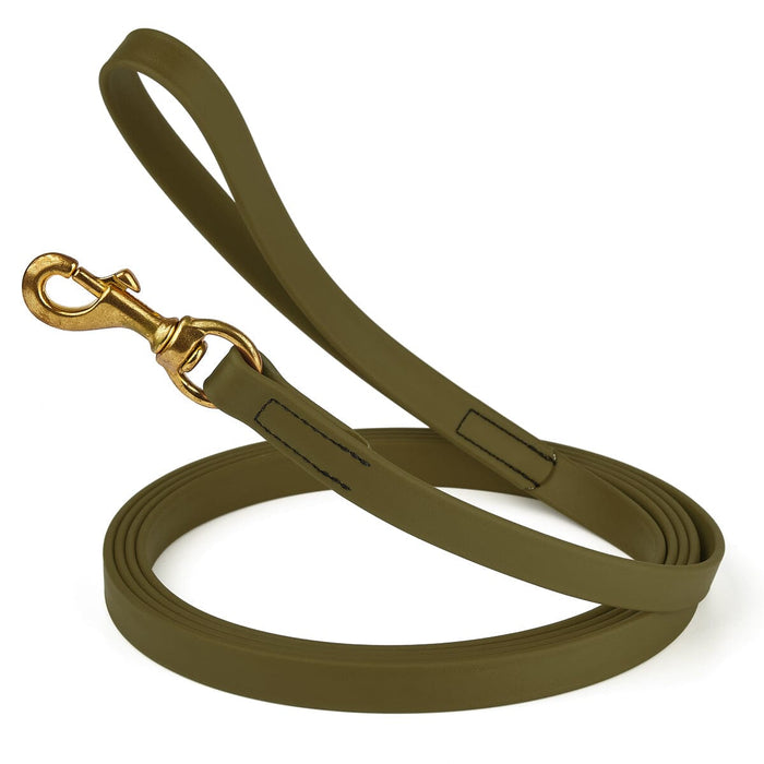 Waterproof Olive Drab Green dog leash with brass clip, made from BioThane, 3/4 inch wide, 33 feet long