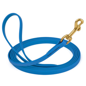 Cerulean Blue Biothane dog leash with brass swivel snap hook, 1/2 inch wide, 33 feet long