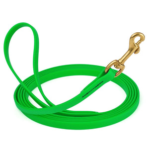 Waterproof Tropical Green dog collar with brass clip, made from BioThane, length 10 feet, width 1/2 inch