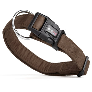 Brown dog collar with quick release buckle and metal ring, made from soft microfiber, 3/4- and 1-inch wide
